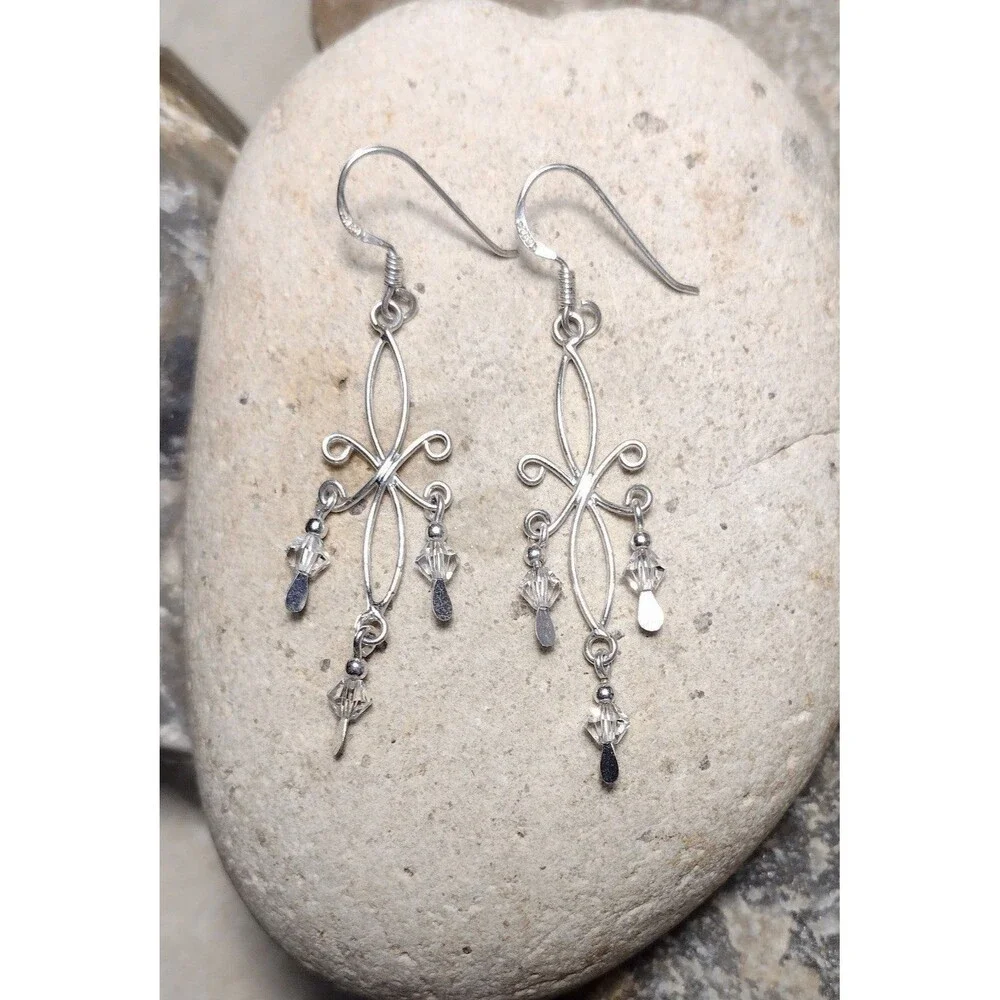 .925 Sterling Silver Crystal  Scroll Dangle Earrings